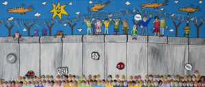 Feiernde Menschen auf Berliner Mauer. Pop-Art von Tutu