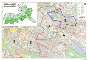 Die von den Grünen erarbeitete Vorlage für die neuen Wahlkreise sowie die alten Wahlkreise mit den Ergebnissen der Grünen