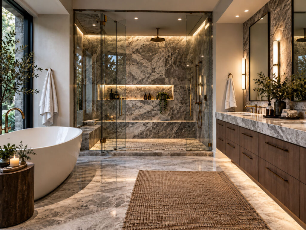 Luxuriöses Badezimmer mit freistehender Badewanne, gläserner Dusche und langem Waschtisch.